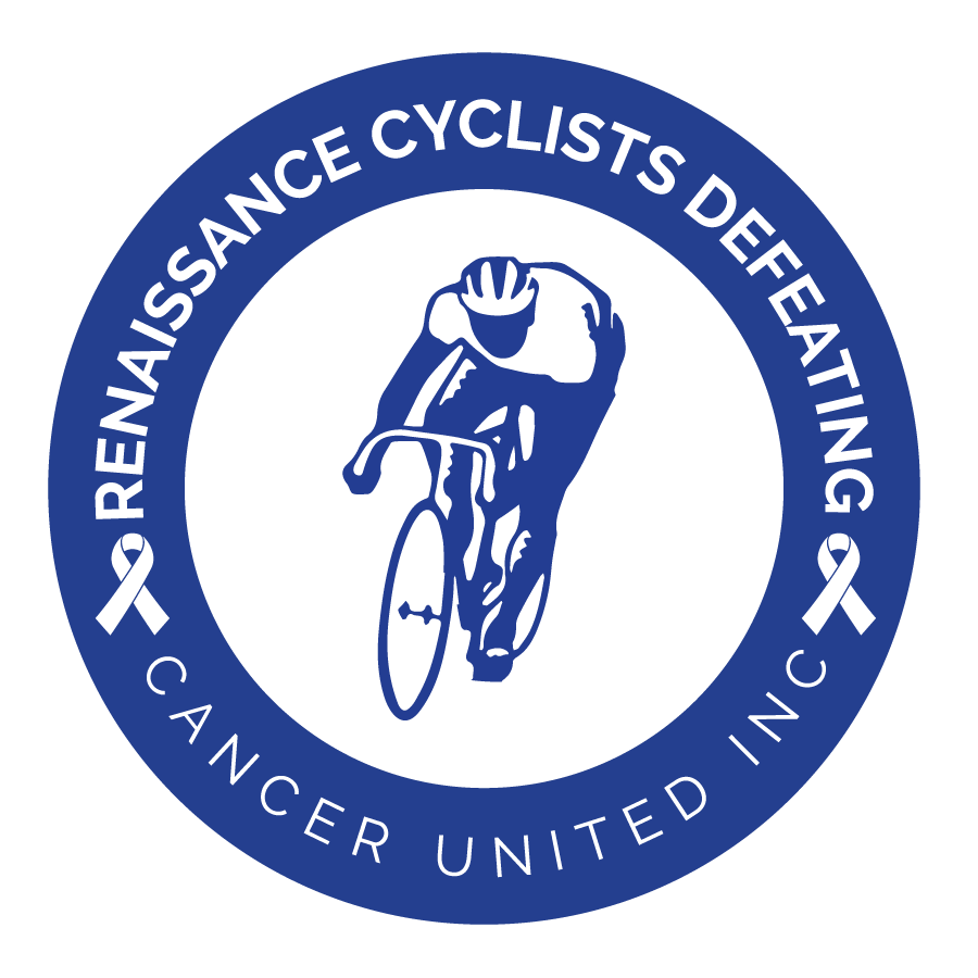 A blue and white logo with a person on a bike.