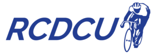 A green background with blue letters that say dcu.
